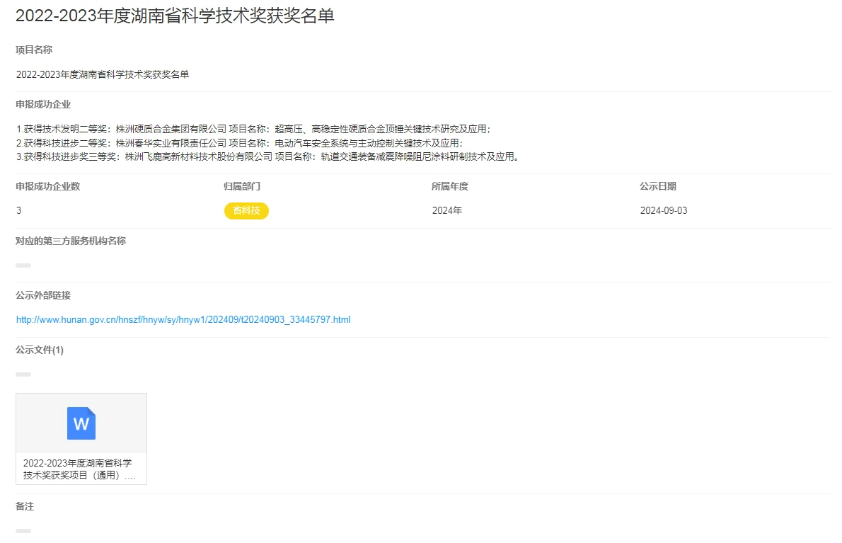 Original announcement listing Chunhua’s electric vehicle safety and active control project among the 2022–2023 Hunan science and technology award recipients